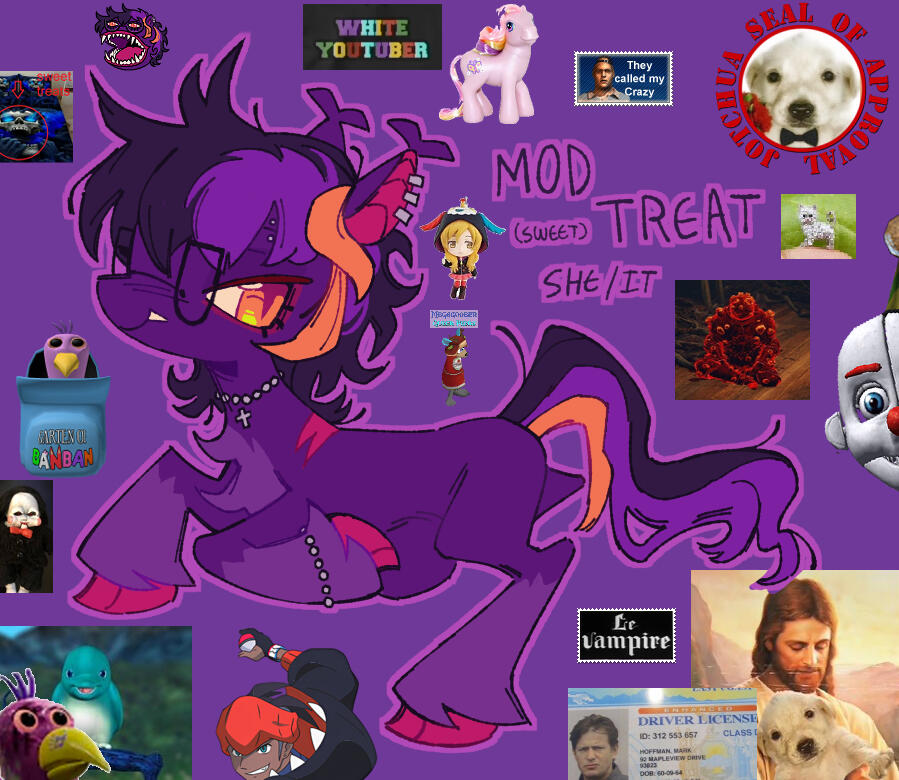 A full body digital drawing of Mod Treat&#39;s ponysona, Sweet Treats, a dark purple batpony with no wings with a black, purple and orange mane and black glasses and ear/eyebrow piercings, laying down on her stomach looking back happily.