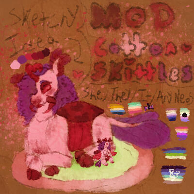 A textured digital drawing of Sketchy Idea, a pink Changeling with red eyes, mandibles, ladybug-like elytra, ear feathering, hooves, and general accents. She also has purple curly hair and a purple membrane tail