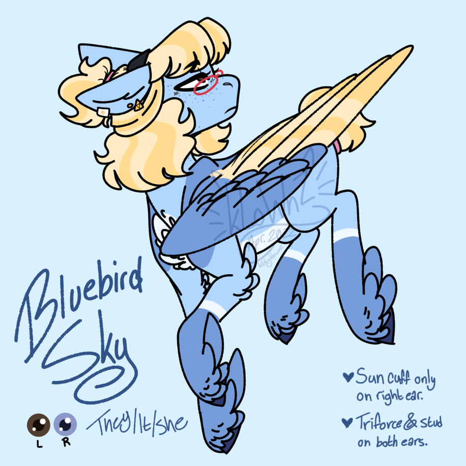 A full body digital drawing of Mod Birdie&#39;s ponysona, Bluebird Sky, a blue pegasus with a short yellow mane, yellow wings, and a right brown eye and a left blue eye, red glasses, a pink hairband, a black headband, and small video game earrings