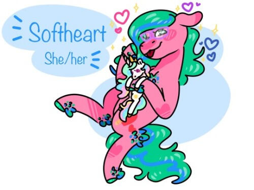 A digital drawing of Mod Softie&#39;s ponysona, Softheart, a pink earthpony with a long green and blue mane, purple glasses and green eyes, holding a Princess Celestia plushie
