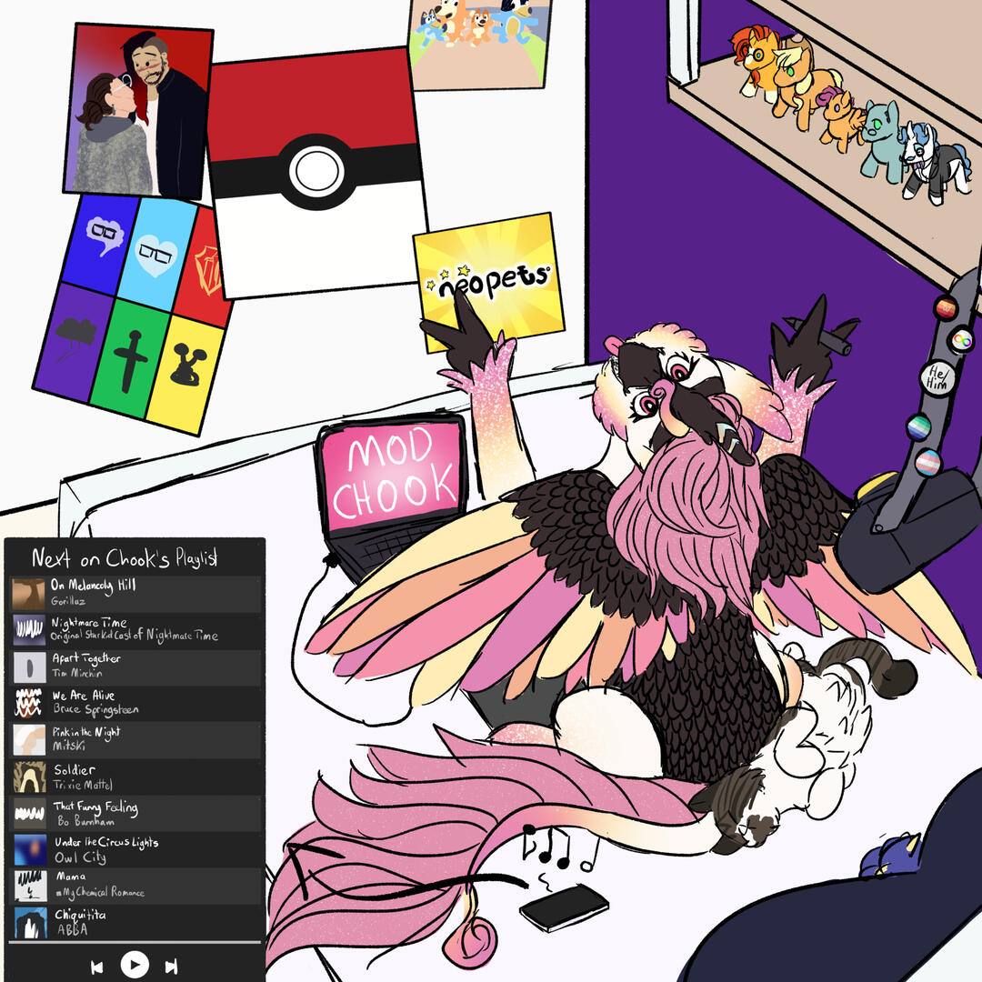 A full body digital drawing of Mod Chook&#39;s ponysona, a white griffin/kirin with a short pink gradient mane, yellow wings, and brown eyes, sitting listening to music in his room with various fandom posters and MLP figurines