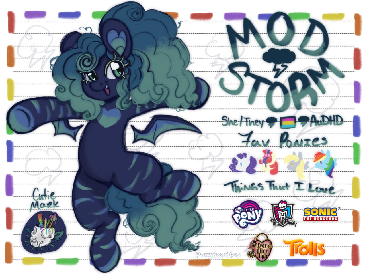 A full body digital drawing of Mod Storm&#39;s ponysona, Midnight Dew, a navy blue zebra bat pony with a long green mane in a ponytail, green eyes, and green zebra stripes, with a skull cup with art supplies cutie mark