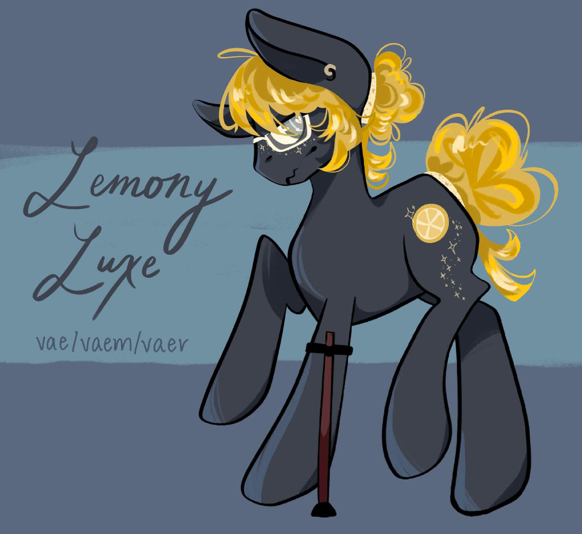 A fullbody digital drawing of Mod Lemon's ponysona, a dark blue-tinted earthpony with a long yellow mane thats in a bun. Vaer left hoof has a maroon cane attached. Vae is wearing glasses and an earring. "Lemony Luxe" and "vae/vaem/vaer" next to vaer left