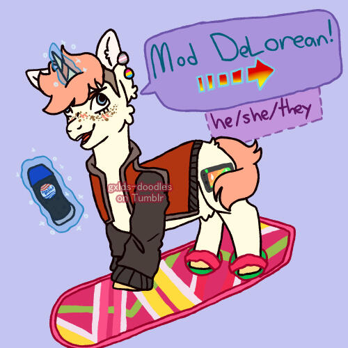 A full body digital drawing of Mod DeLorean&#39;s ponysona, a yellow unicorn with a short pink mane and blue eyes and brown freckles, wearing a red and black varsity jacket and demigirl and pansexual flag earrings, holding up a bottle of soda with her magic