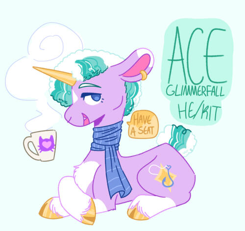 A full body digital drawing of Mod Grapes ponysona, Ace Glimmerfall, a purple unicorn with a gold horn and short green and white mane and blue eyes, wearing a blue striped scarf, sitting drinking out of a mug with a cat on it