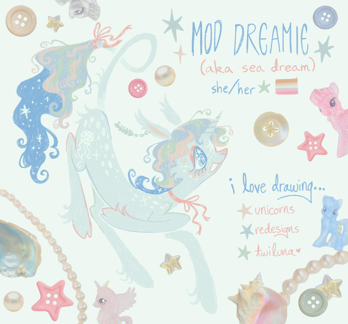 A full body digital drawing of Mod Dreamie&#39;s ponysona, a blue unicorn with a yellow and blue sparkly mane, and blue eyes with pink eyeshadow