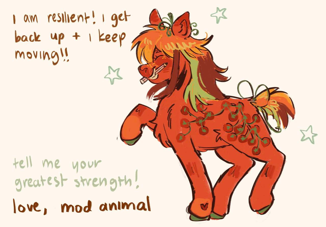 A full body digital drawing of Mod Animal&#39;s ponysona, a red earth pony with an orange red and green mane with body markings that are tomatoes