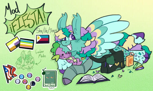 A full body digital drawing of Mod Fiesta&#39;s ponysona, Paper Fiesta, a green pegasus with a long green, purple, and yellow mane and purple eyes, laying down holding a spike the dragon plush