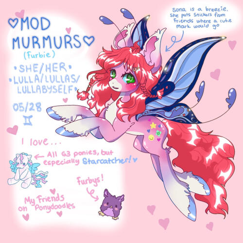 A digital drawing of Mod Murmurs ponysona, a pink breezie with blue wings a long red mane and green eyes, flying smiling happily
