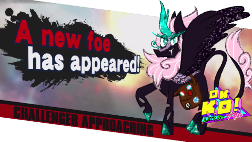 A full body digital drawing of Mod K.O&#39;s ponysona, a black changeling/alicorn/kirin, with a long pink mane turquoise eyes and horn, wearing a brown parcel bag with their right hoof up smiling confidently