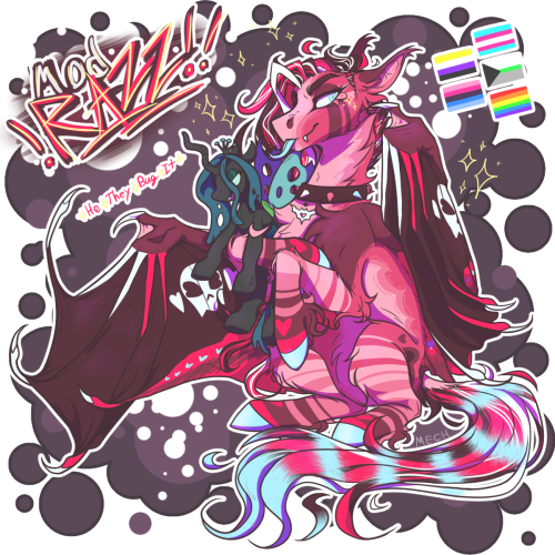 A full body digital drawing of Mod Razz&#39;s ponysona, a pink batpony with a long brown blue and red mane and blue eyes, sitting and holding a queen chrysalis plushie