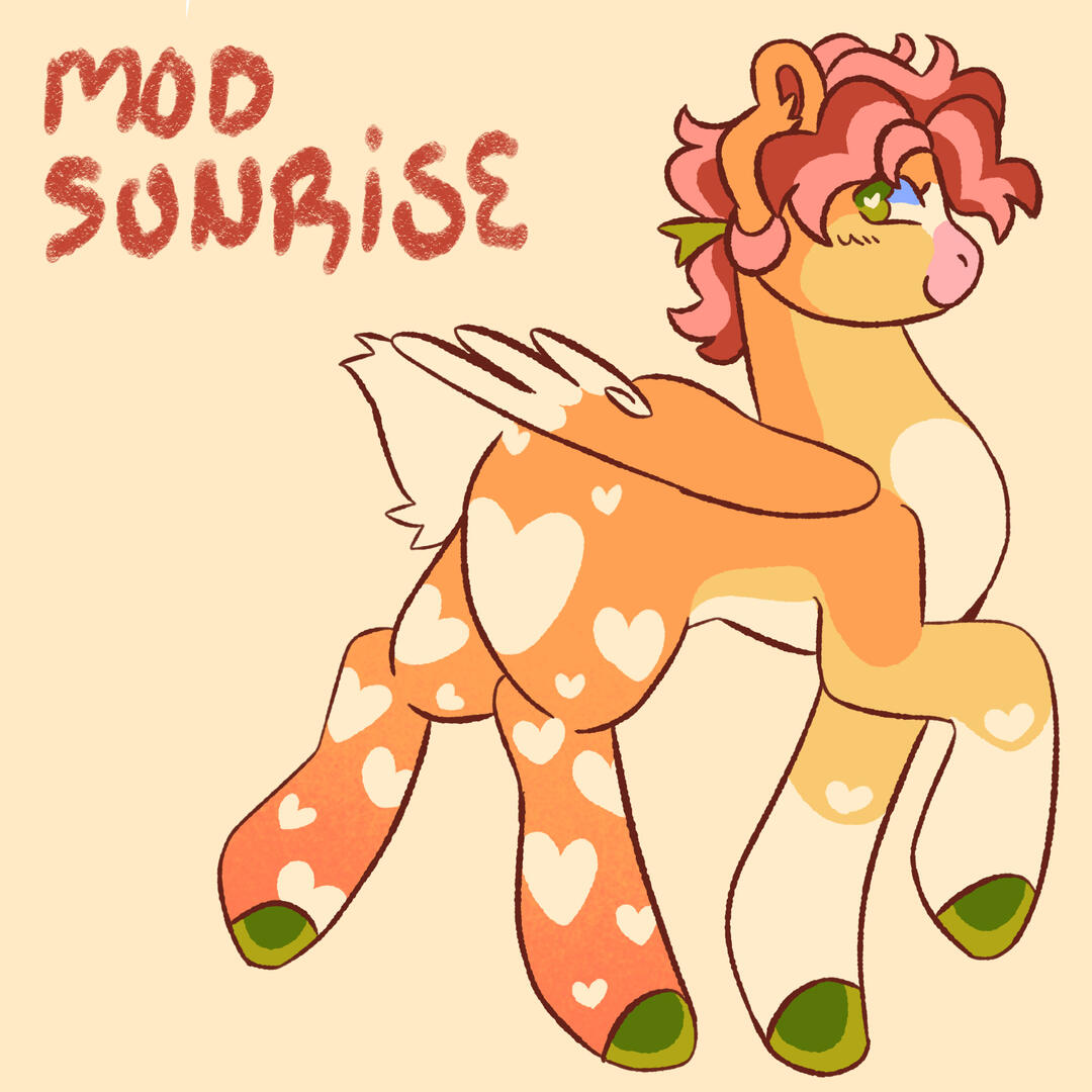 A full body digital drawing of Mod Sunrise&#39;s ponysona Sunrise, an orange pegasus with white hearts and yellow markings across its body, a red and pink stripped mane with a green hairtie, a short white tail, and green hooves