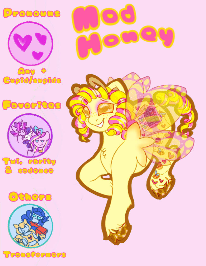 A full body digital drawing of Mod Honey&#39;s ponysona Honey, a yellow bugpony with a curly yellow and pink mane, yellow bug wings and antennae, gold sparkly hooves, and yellow eyes with pink eye shadow