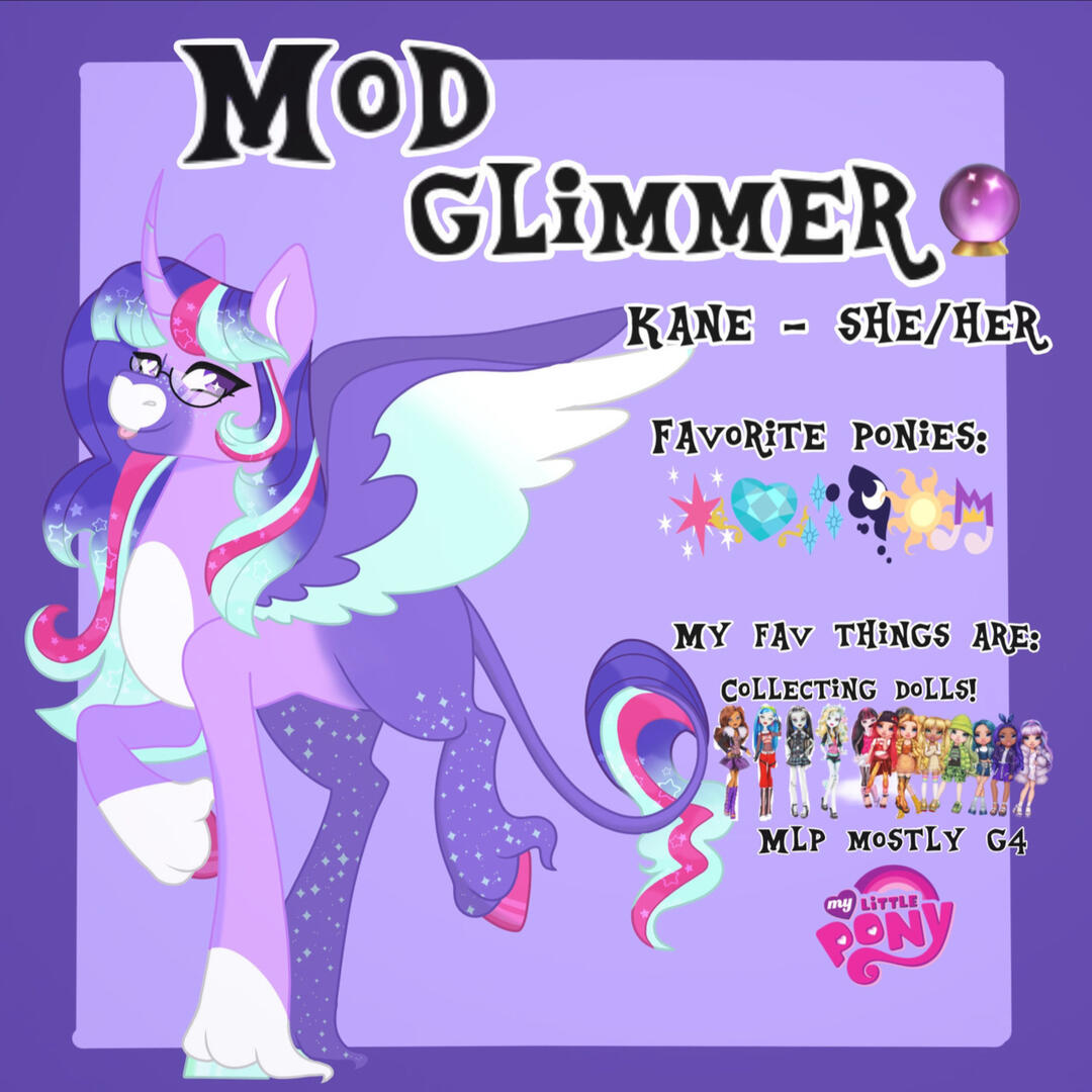 A full body digital drawing of Mod Glimmer&#39;s ponysona Kane, a purple alicorn with blue white and purple wings, a long purple mane, pink, and blue sparkly mane, purple markings across her body, pink hooves, and purple eyes with glasses