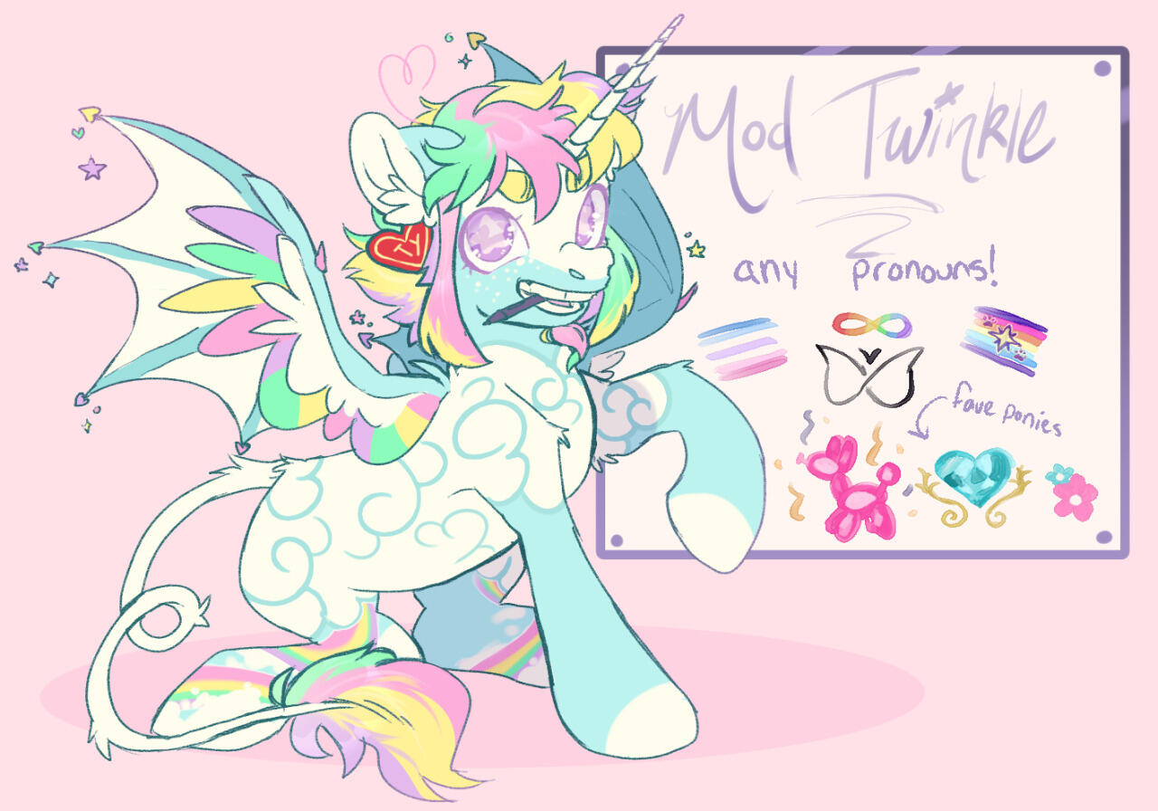 A full body digital drawing of Mod Twinkle&#39;s ponysona, a blue alicorn with batpony wings, with cloud and rainbow looking markings, and a yellow, pink, and green mane, purple eyes, and a TY ear tag